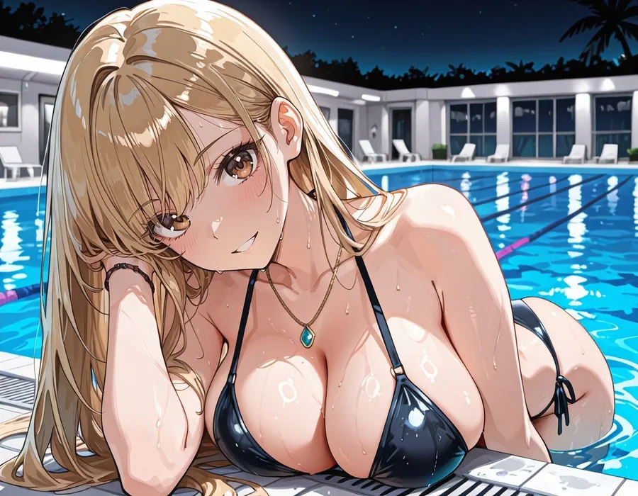 水着の女子校生ギャルと夜のプールで生ハメ中出し サンプル画像 1